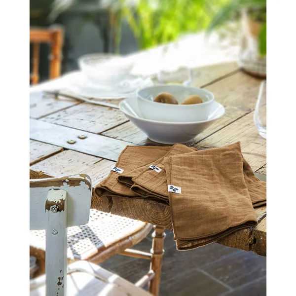 Lot de 3 serviettes de table camel en gaze de coton 40x40cm - Gaia