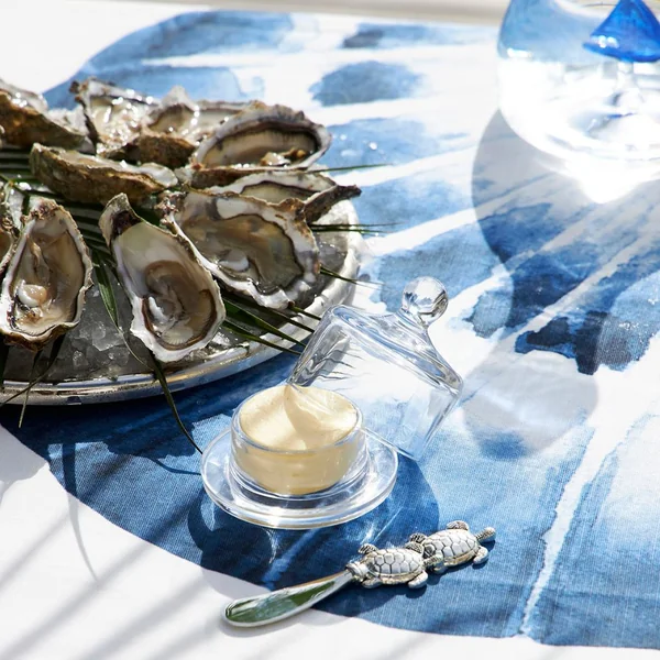 Nappe en coton enduit blanc et bleu 320x160cm - Bord De Mer