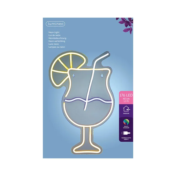 Néon LED décoratif verre à cocktail multicolore 26x40cm