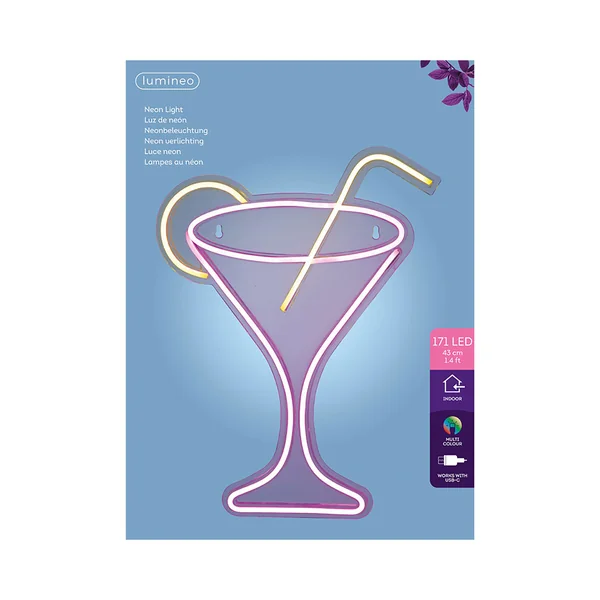 Néon LED décoratif verre à martini multicolore 32x43cm