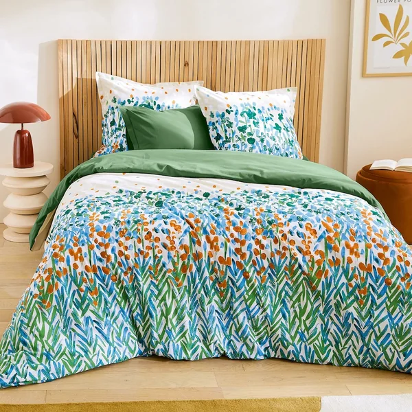 Parure 280x240 cm 65x65 cm 100% coton ÉVASION Blanc vert 3 pièces