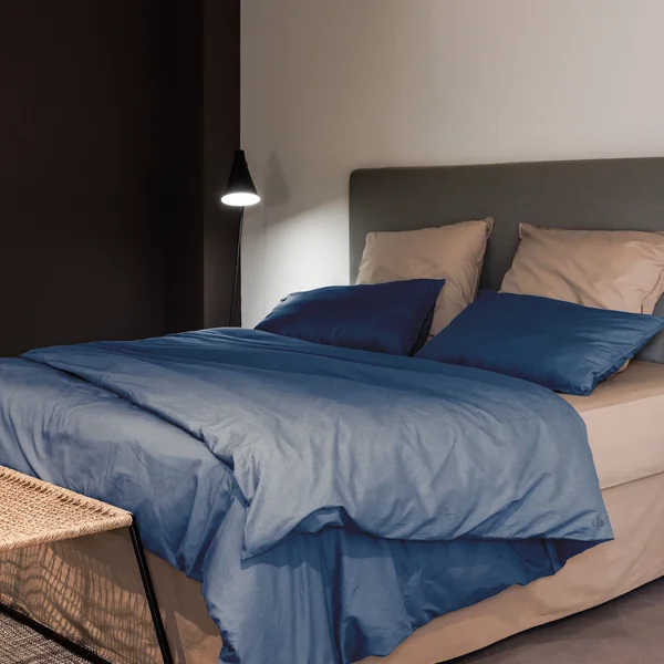 Parure de lit 140x200 cm et 50x70 cm 100% coton lavé PALACE bleu indigo 2 pièces