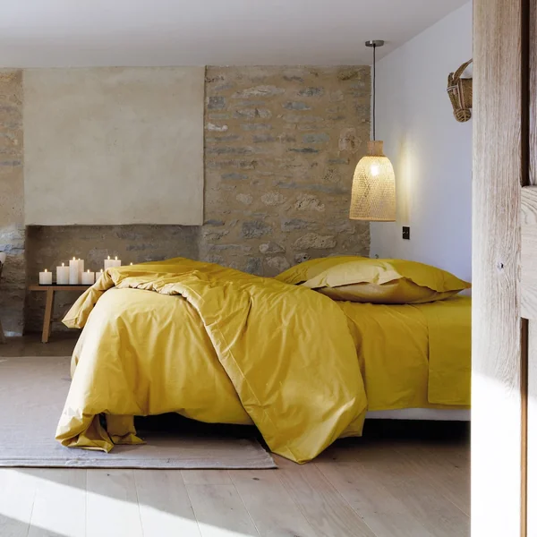 Parure de lit 140x200 cm set 50x70 cm percale MANOIR jaune Moutarde