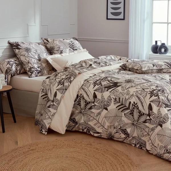 Parure de lit 140x200 cm taie 50x70 cm percale de coton ALBA beige/noir 2 pièces