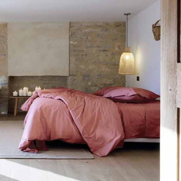 Parure de lit 200x200 cm set 50x70 cm percale MANOIR rose Pêche