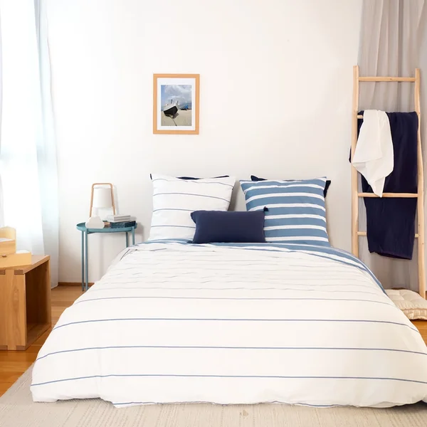 Parure de lit 240x220 cm coton BCI adouci STRIPES Bleu 3 pièces