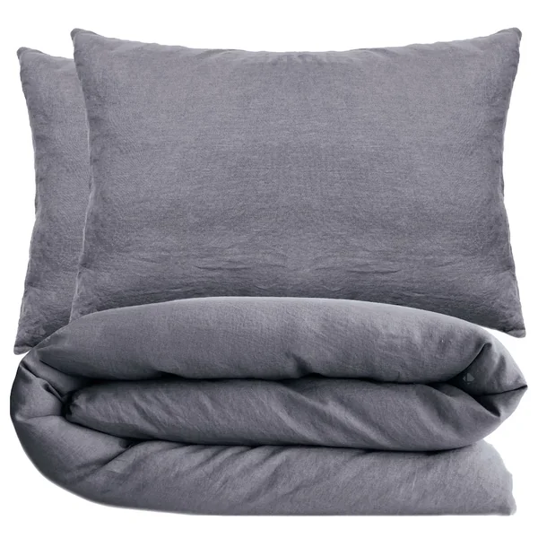 Parure de lit 240x220 cm et 50x70 cm 100% coton lavé PALACE gris brume 3 pièces