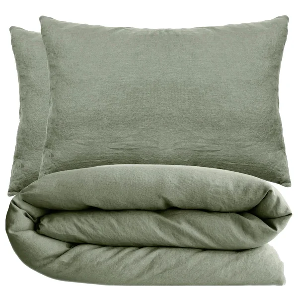 Parure de lit 240x220 cm et 50x70 cm 100% coton lavé PALACE vert sauge 3 pièces