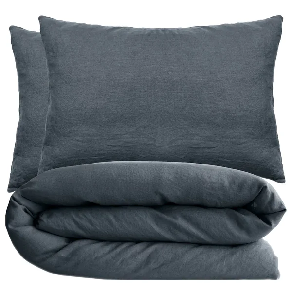 Parure de lit 260x240 cm et 50x70 cm 100% coton lavé PALACE noir granit 3 pièces