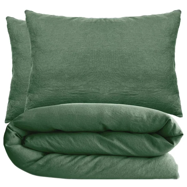 Parure de lit 260x240 cm et 50x70 cm 100% coton lavé PALACE vert cedre 3 pièces