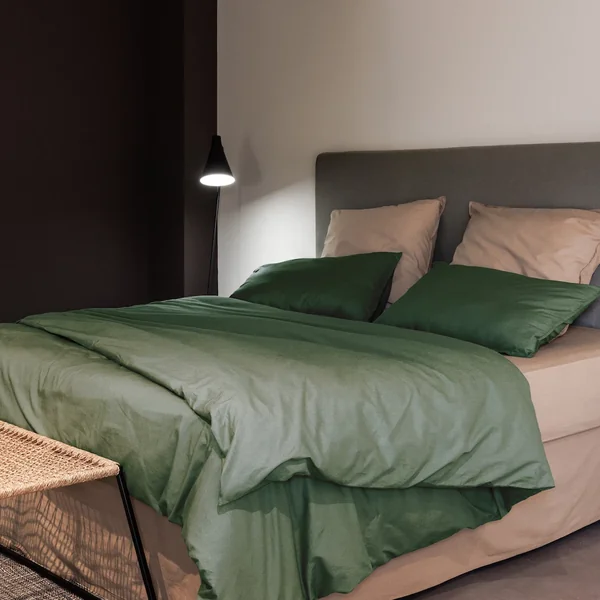 Parure de lit 260x240 cm et 50x70 cm 100% coton lavé PALACE vert cedre 3 pièces
