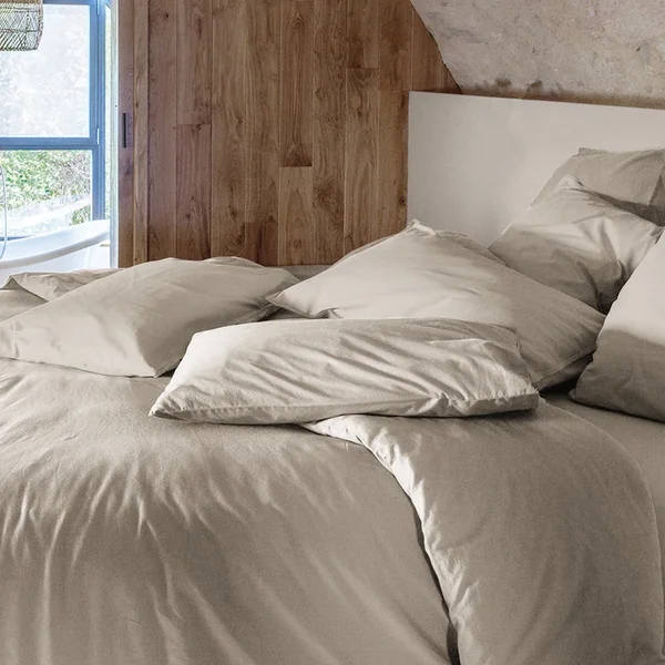 Parure de lit 260x240 cm et 65x65 cm 100% coton lavé PALACE beige lin 3 pièces