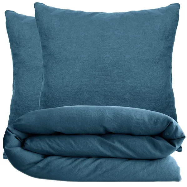 Parure de lit 260x240 cm et 65x65 cm 100% coton lavé PALACE bleu marine 3 pièces