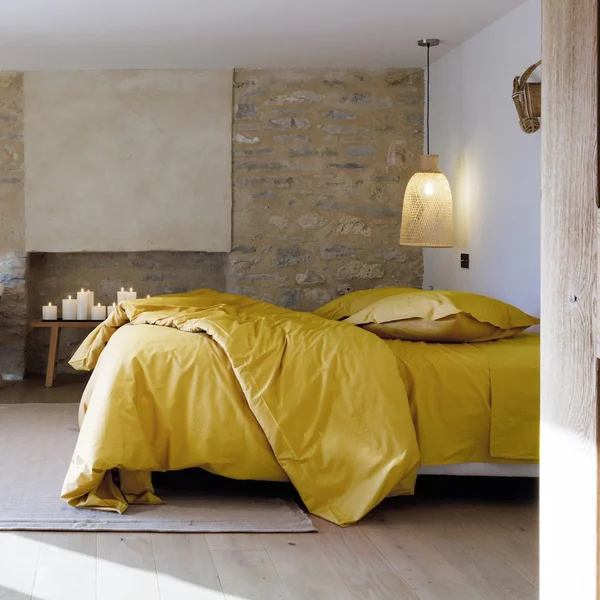 Parure de lit 260x240 cm set 50x70 cm percale MANOIR jaune Moutarde