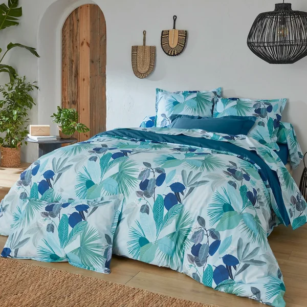 Parure de lit 260x240 cm taies 50x70 cm percale de coton MOOREA PACIFIC bleu/vert 3 pièces