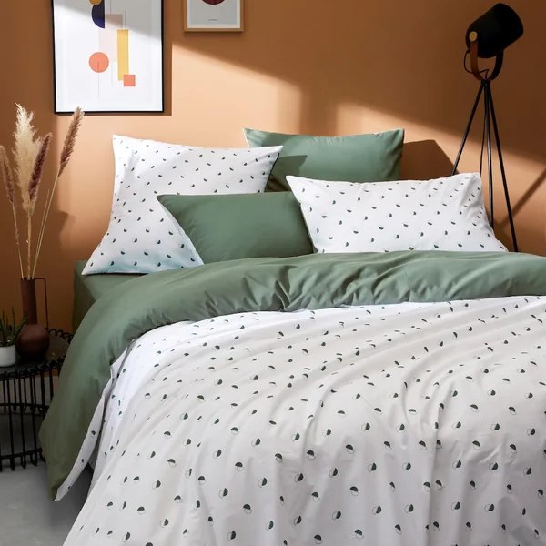 Parure de lit 280x240 cm 65x65 cm percale 100% coton ALEX vert Kaki 3 pièces