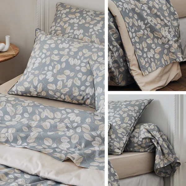 Parure de lit 300x240 cm 50x70 cm percale de coton LISON Gris 3 pièces