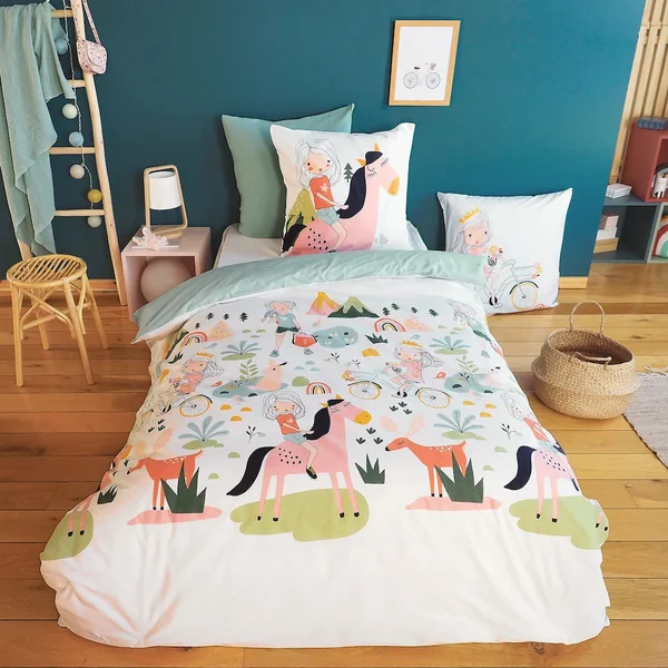 Parure de lit enfant 140x200 cm TESS RANDO 100% coton vert 2 pièces