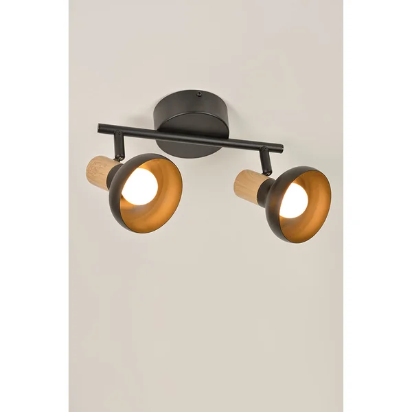 Plafonnier 2 spots orientables en métal noir et bois h16cm E14 - Alvar