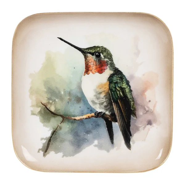 Plateau colibri en fer multicolore 16x16cm - Oiseau