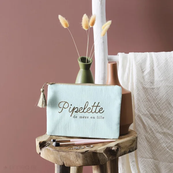 Pochette en coton 20x15 cm WOMEN avec message "Pipelette de mère en fille" vert Fleur d'amandier