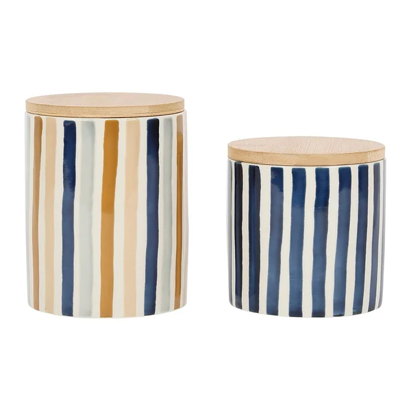 Pot x2 avec couvercle en bambou rayé bleu et beige en grès - blue sand