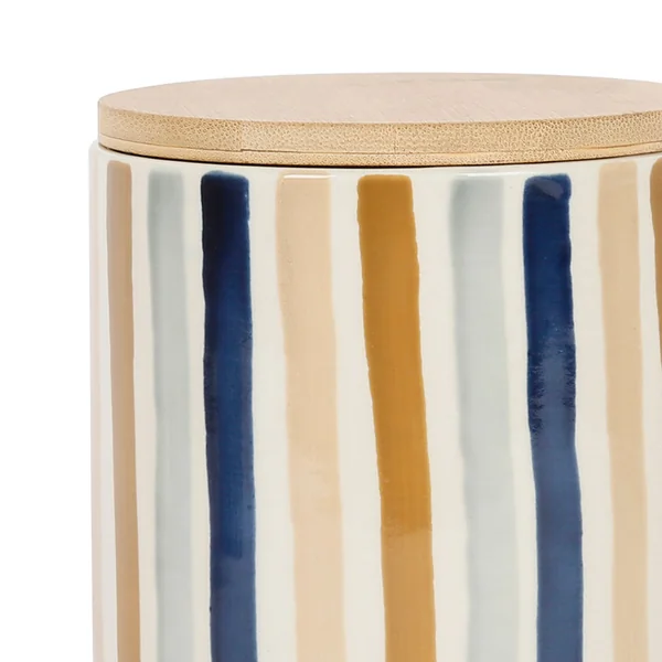 Pot x2 avec couvercle en bambou rayé bleu et beige en grès - blue sand
