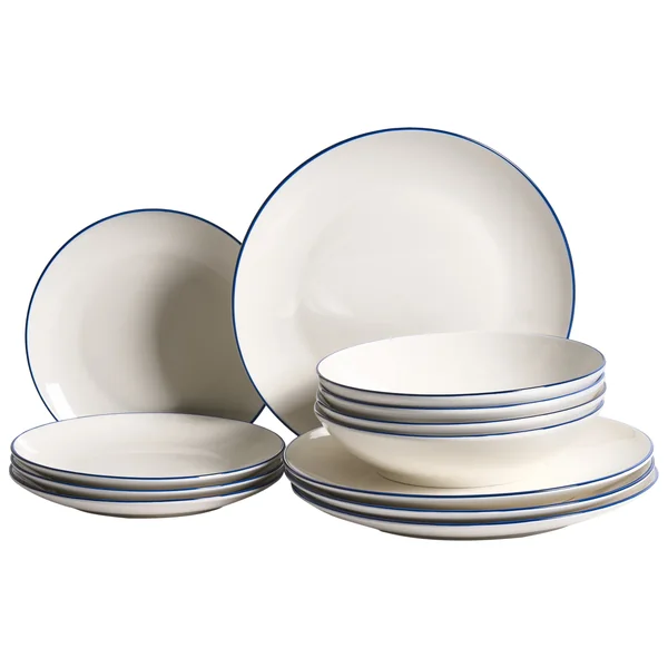 Set de 12 couverts de table CUMIN Porcelaine Blanc cassé/bleu