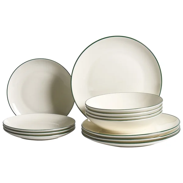 Set de 12 couverts de table CUMIN Porcelaine Blanc cassé/vert