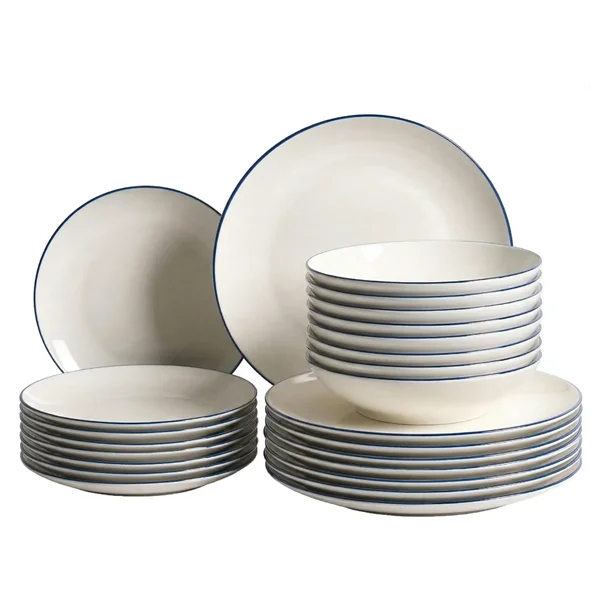 Set de 24 couverts de table CUMIN Porcelaine Blanc cassé/bleu