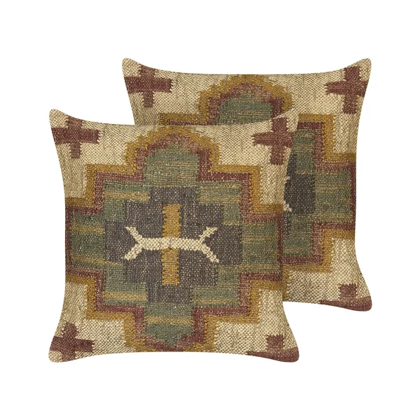 Set of 2 Decorative Cushions PULICAT Jute 45 x 45 cm Green Oriental Pattern