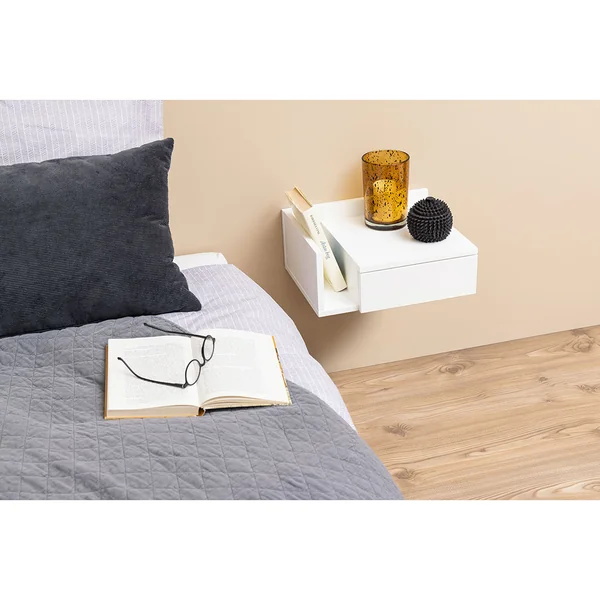 Table de chevet mural en bois blanc 1 tiroir 40x32cm - Ashlan