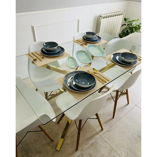 Table de repas CORA Doré 160 cm 90 cm Verre de sécurité