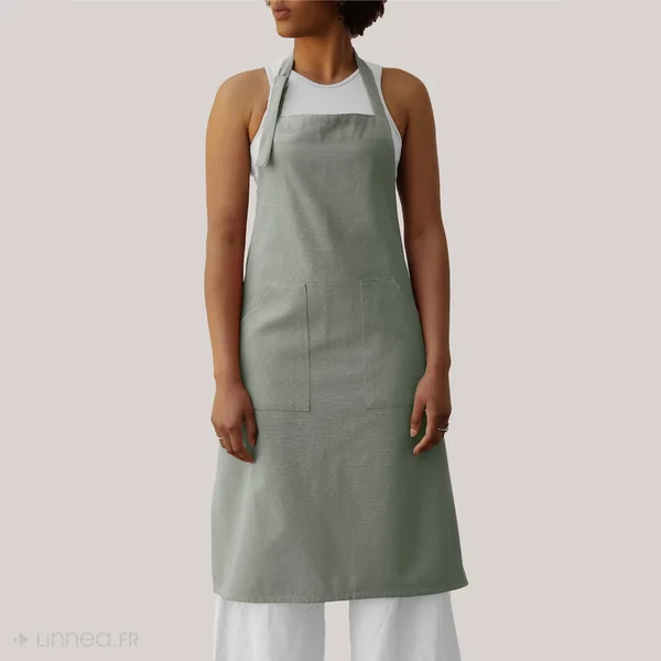 Tablier de cuisine double poche 70x90 cm 100% coton HONO vert Lichen