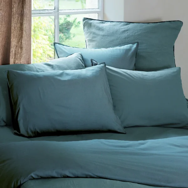 Taie de traversin PALACE pur coton lavé 195x43 cm uni bleu topaze