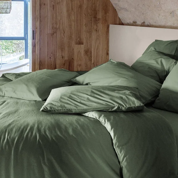 Taie de traversin PALACE pur coton lavé 195x43 cm uni vert mousse