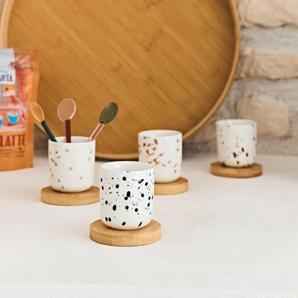Tasses et sous-tasses x4 en porcelaine et bambou 10cl - Epura