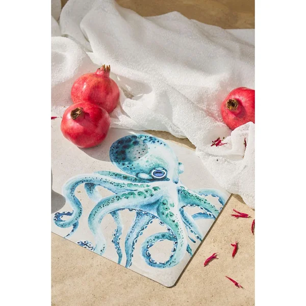 Torchon en coton (x3) faune marine blanc et turquoise 50x70cm